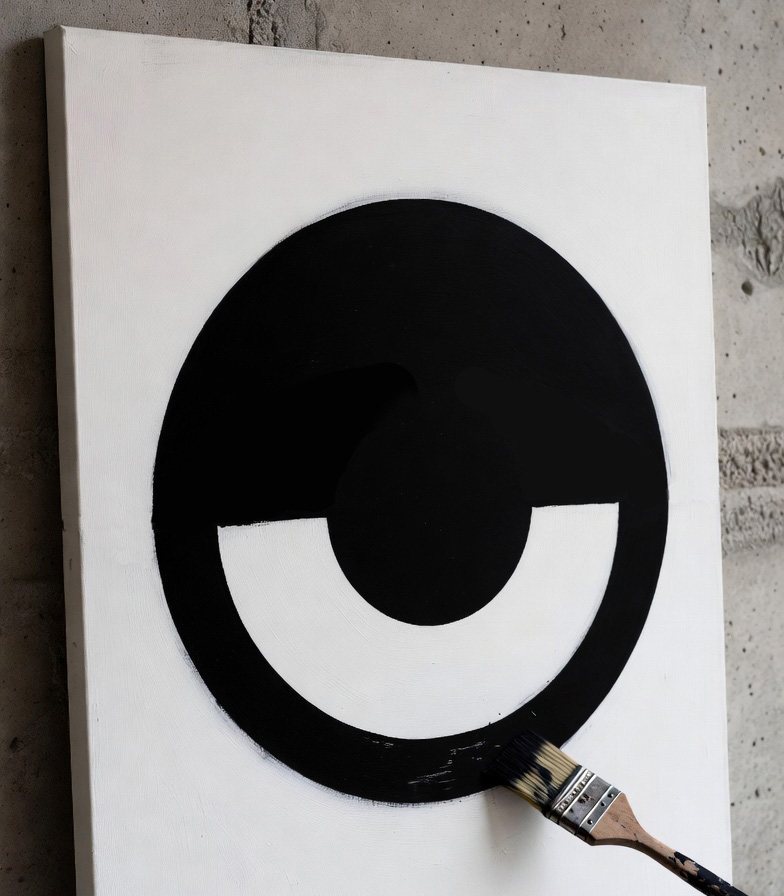 A brush finishing a large black and white da-eYe on a white canvas