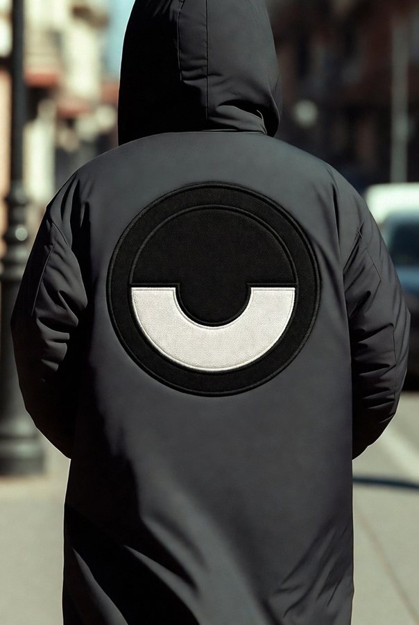 A hooded black coat seen from behind, with a large da-eYe patch on the back