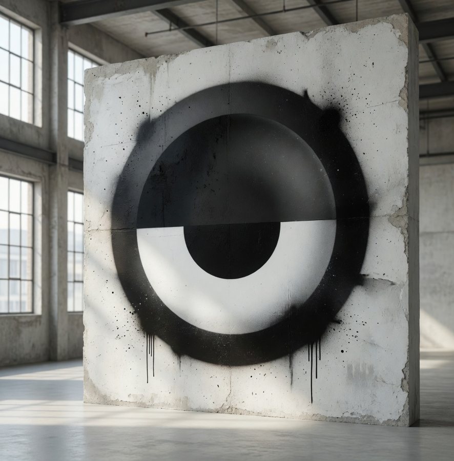 A sprayed da-eYe on a concrete block in an empty industrial hall