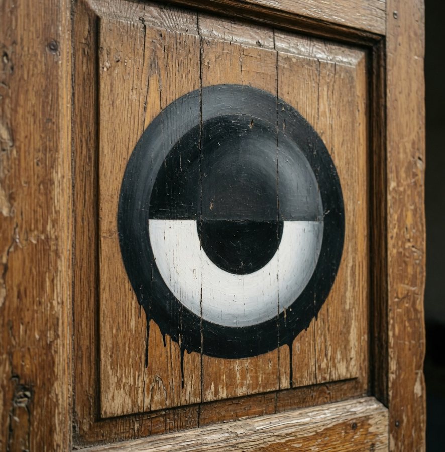 da-eYe spray-painted on an old wooden door, with paint drips