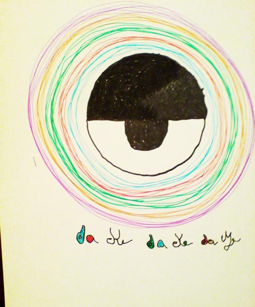 A child's drawing of da-eYe surrounded by colorful circles, with his name written three times