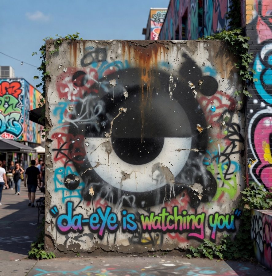 A giant da-eYe on a weathered wall covered in graffiti, with the words da-eYe is watching you